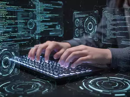 Jugendliche Hände tippen auf einer leuchtenden Tastatur, umgeben von holografischem Code und digitalen Schnittstellen in einer dunklen Umgebung. - Foto: über boerse-global.de