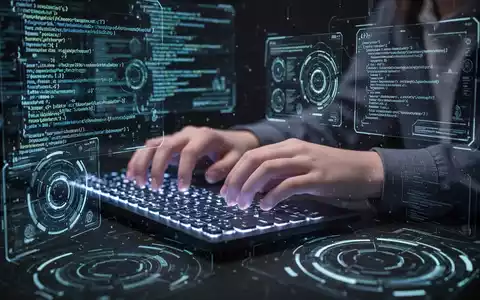 Jugendliche Hände tippen auf einer leuchtenden Tastatur, umgeben von holografischem Code und digitalen Schnittstellen in einer dunklen Umgebung. - Foto: über boerse-global.de