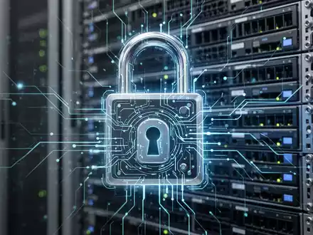 Leuchtendes digitales Vorhängeschloss über verschwommenen Server-Racks, symbolisiert Datensicherheit, rechtliche Schritte und Cyberkriminalitätsgesetze. - Foto: über boerse-global.de