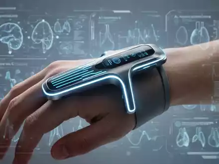 Eine futuristische, leuchtende Wearable-Maske auf einem menschlichen Gesicht, umgeben von digitalen Schnittstellen und medizinischen Daten. - Foto: über boerse-global.de