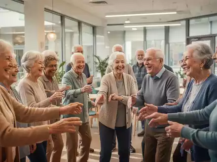 Ältere Menschen in einem modernen Gemeinschaftszentrum, die sich engagieren und miteinander interagieren, symbolisch für Seniorenversorgung. - Foto: über boerse-global.de