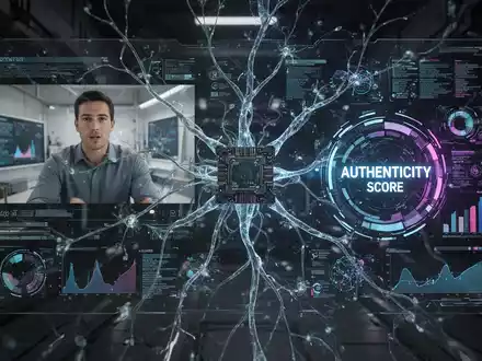 Digitale Schnittstelle mit Videoanalyse, Authentizitätsbewertung und neuronalen Netzgrafiken, symbolisiert KI-Inhaltserkennung. - Foto: über boerse-global.de