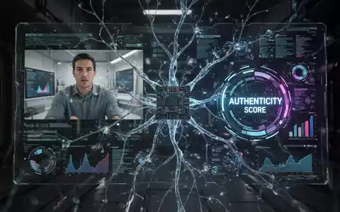 Digitale Schnittstelle mit Videoanalyse, Authentizitätsbewertung und neuronalen Netzgrafiken, symbolisiert KI-Inhaltserkennung. - Foto: über boerse-global.de