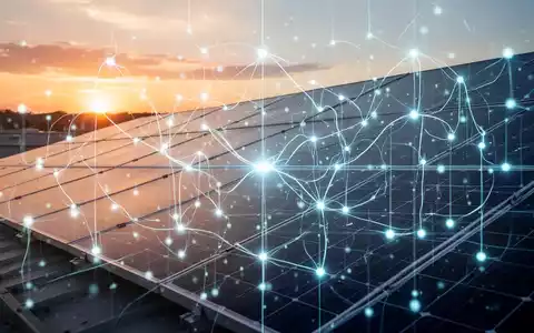 Ein abstraktes digitales Energienetz überlagert eine Solaranlage auf einem Dach bei Sonnenuntergang, symbolisiert neue Energiepolitik. - Foto: über boerse-global.de
