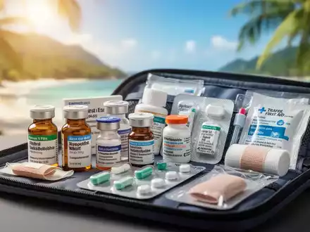 Eine gut sortierte Reiseapotheke mit Medikamenten und Verbandsmaterial, vor dem unscharfen Hintergrund eines sonnigen Reiseziels. - Foto: über boerse-global.de