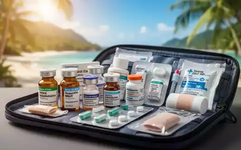 Eine gut sortierte Reiseapotheke mit Medikamenten und Verbandsmaterial, vor dem unscharfen Hintergrund eines sonnigen Reiseziels. - Foto: über boerse-global.de