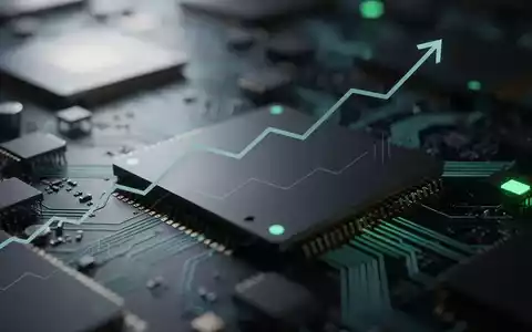 Abstrakte Darstellung von Mikrochips und Leiterplatten mit einem subtilen aufsteigenden Diagramm, das Wachstum in der Halbleiterindustrie symbolisiert. - Foto: über boerse-global.de