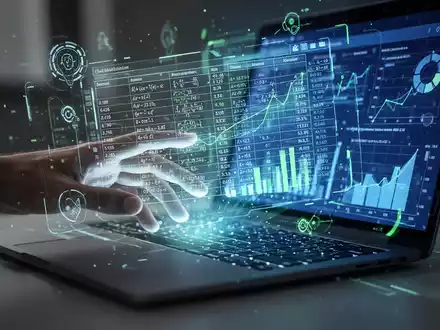 Eine Hand interagiert mit einem holografischen Tabellenblatt, das von einem Laptop projiziert wird und komplexe Daten sowie Formeln mit digitalen Schnittstellenelementen zeigt. - Foto: über boerse-global.de
