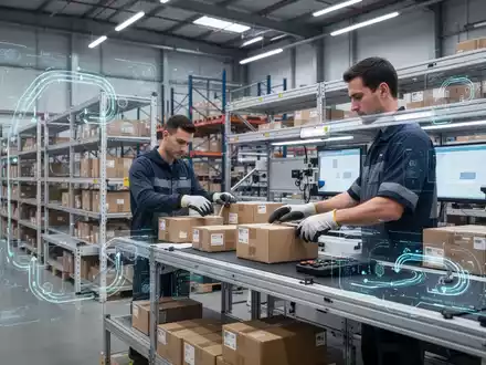 Ein Mitarbeiter arbeitet an einem ergonomischen Arbeitsplatz in einem modernen Logistiklager mit modularen Regalsystemen und digitalen Overlays. - Foto: über boerse-global.de
