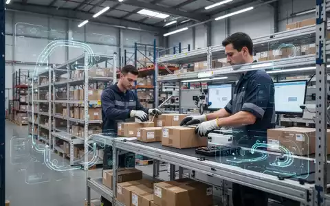 Ein Mitarbeiter arbeitet an einem ergonomischen Arbeitsplatz in einem modernen Logistiklager mit modularen Regalsystemen und digitalen Overlays. - Foto: über boerse-global.de
