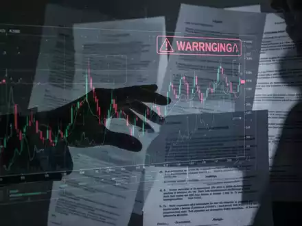 Eine Hand manipuliert eine digitale Benutzeroberfläche mit Kryptowährungsgrafiken und Sicherheitswarnungen, überlagert von juristischen Dokumenten. - Foto: über boerse-global.de