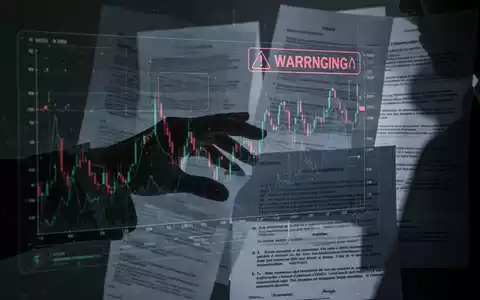 Eine Hand manipuliert eine digitale Benutzeroberfläche mit Kryptowährungsgrafiken und Sicherheitswarnungen, überlagert von juristischen Dokumenten. - Foto: über boerse-global.de