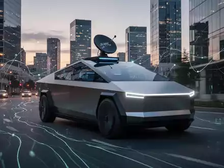 Futuristisches Tesla Cybercab Robotaxi mit Starlink-Satellit auf dem Dach fährt durch moderne Stadt in der Dämmerung. - Foto: über boerse-global.de