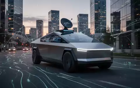 Futuristisches Tesla Cybercab Robotaxi mit Starlink-Satellit auf dem Dach fährt durch moderne Stadt in der Dämmerung. - Foto: über boerse-global.de