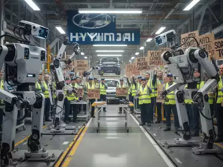Humanoide Roboter (Atlas) in einer Fabrikhalle mit streikenden Arbeitern, die Protestplakate hochhalten – zeigt Arbeitskonflikte im Zeitalter der Automatisierung. - Foto: über boerse-global.de