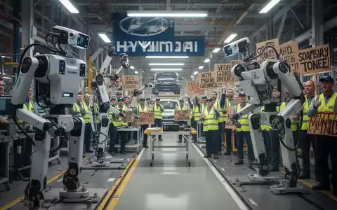 Humanoide Roboter (Atlas) in einer Fabrikhalle mit streikenden Arbeitern, die Protestplakate hochhalten – zeigt Arbeitskonflikte im Zeitalter der Automatisierung. - Foto: über boerse-global.de
