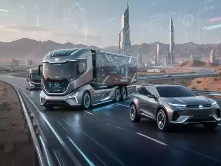 Ein futuristischer selbstfahrender Lastwagen und SUV auf einer modernen Autobahn durch eine Hightech-Landschaft in Zentralasien. - Foto: über boerse-global.de