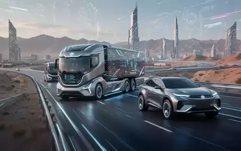 Ein futuristischer selbstfahrender Lastwagen und SUV auf einer modernen Autobahn durch eine Hightech-Landschaft in Zentralasien. - Foto: über boerse-global.de