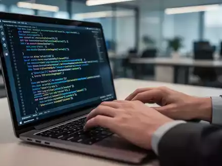 Nahaufnahme der Hände eines Entwicklers, die auf einer Laptoptastatur tippen, mit Code auf dem Bildschirm. - Foto: über boerse-global.de