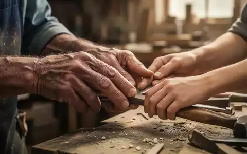 Die Hände eines erfahrenen Handwerkers führen die Hände eines jüngeren Lehrlings bei der Arbeit an Werkzeugen oder Materialien. - Foto: über boerse-global.de
