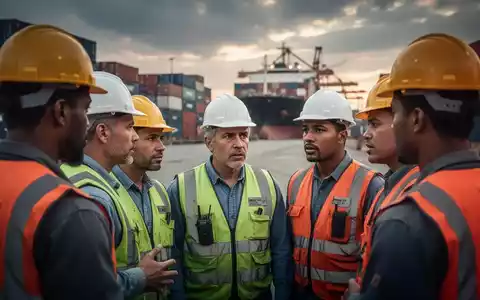 Hafenarbeiter in Arbeitskleidung versammeln sich, um Tarifverhandlungen zu besprechen, mit Containern und Schiffen im Hintergrund. - Foto: über boerse-global.de