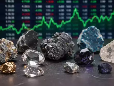 Nahaufnahme von verschiedenen Erzproben und Mineralien, die auf einer dunklen Oberfläche angeordnet sind, mit einem unscharfen Börsenticker im Hintergrund. - Foto: über boerse-global.de