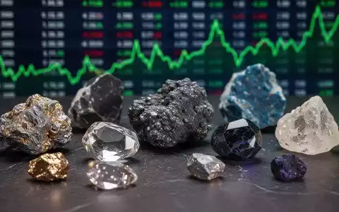 Nahaufnahme von verschiedenen Erzproben und Mineralien, die auf einer dunklen Oberfläche angeordnet sind, mit einem unscharfen Börsenticker im Hintergrund. - Foto: über boerse-global.de