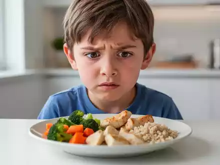 Ein Kind blickt skeptisch auf einen Teller mit gesundem Essen in einer hellen Küche. - Foto: über boerse-global.de