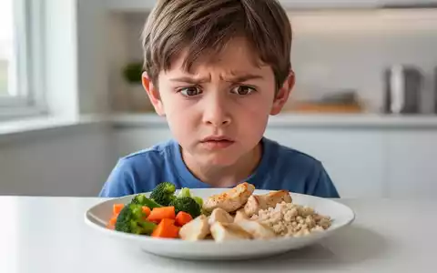 Ein Kind blickt skeptisch auf einen Teller mit gesundem Essen in einer hellen Küche. - Foto: über boerse-global.de