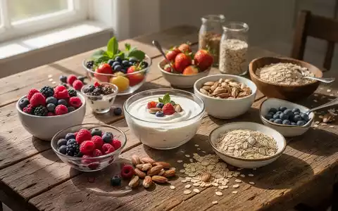 Ein appetitlich angerichtetes, gesundes Frühstück mit Beeren, Joghurt und Müsli auf einem Holztisch, beleuchtet von Sonnenlicht. - Foto: über boerse-global.de