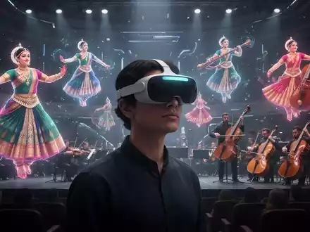 Person mit Apple Vision Pro Headset, umgeben von holografischen TĂ€nzern und Instrumenten in einem Konzertsaal. - Foto: ĂŒber boerse-global.de