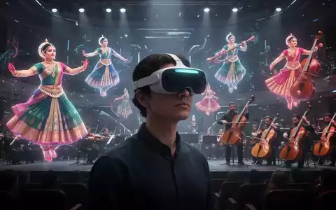 Person mit Apple Vision Pro Headset, umgeben von holografischen Tänzern und Instrumenten in einem Konzertsaal. - Foto: über boerse-global.de