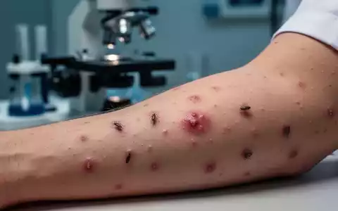 Nahaufnahme eines menschlichen Arms mit mehreren geröteten Insektenstichen. Im unscharfen Hintergrund sind medizinische Instrumente zu sehen. - Foto: über boerse-global.de