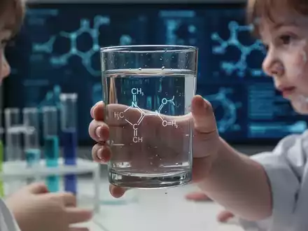 Eine Kinderhand hält ein Glas Wasser, im Hintergrund Laborgeräte und wissenschaftliche Daten, symbolisiert PFAS-Forschung und Kindergesundheit. - Foto: über boerse-global.de