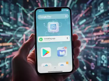 Nahaufnahme einer Hand, die ein Smartphone mit Google Play Store hält, App-Installation und Widget-Symbol, vor unscharfem digitalem Hintergrund. - Foto: über boerse-global.de
