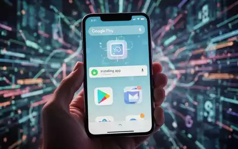 Nahaufnahme einer Hand, die ein Smartphone mit Google Play Store hält, App-Installation und Widget-Symbol, vor unscharfem digitalem Hintergrund. - Foto: über boerse-global.de