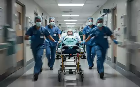 Ein medizinisches Team eilt mit einem Patienten auf einer Trage durch einen Krankenhausflur, Symbol für schnelle Schlaganfallversorgung. - Foto: über boerse-global.de