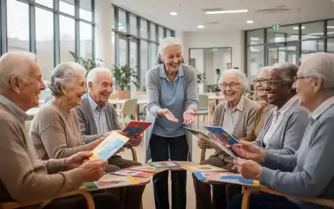 Eine Gruppe älterer Menschen lächelt und nimmt an einer Gedächtnisübung mit einem Moderator in einem hellen Gemeinschaftszentrum teil. - Foto: über boerse-global.de