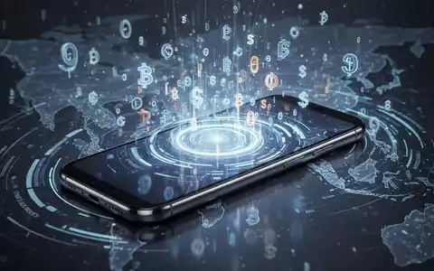 Futuristischer Smartphone-Bildschirm mit leuchtenden KI-Elementen, abstrakten digitalen Währungssymbolen und Asien-Umriss im Hintergrund. - Foto: über boerse-global.de