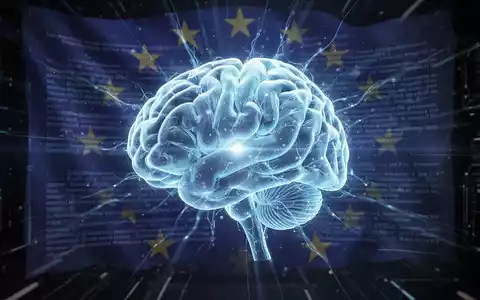Leuchtend blaues digitales Gehirn mit neuronalen Bahnen, KI darstellend, überlagert mit dezentem Rechtstext und schwacher EU-Flagge im Hintergrund. - Foto: über boerse-global.de