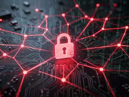 Abstrakte Darstellung einer digitalen Bedrohung, rote Linien über einer Platine, Symbole für Datensicherheit und Banking. - Foto: über boerse-global.de