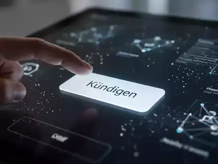 Ein Finger, der über einem leuchtenden, minimalistischen 'Kündigen'-Button auf einem digitalen Bildschirm schwebt. - Foto: über boerse-global.de
