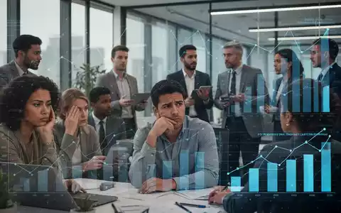 Eine Gruppe von Mitarbeitern in einem modernen Büro, einige nachdenklich, andere im Gespräch, mit subtilen digitalen Daten-Overlays. - Foto: über boerse-global.de