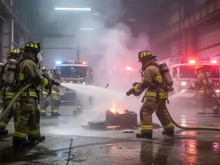 Feuerwehrleute in Schutzkleidung löschen einen simulierten Brand in einer Industrieanlage während einer Übung, mit Rauch und Blaulicht im Hintergrund. - Foto: über boerse-global.de
