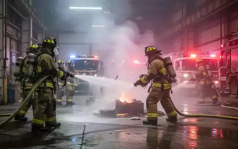 Feuerwehrleute in Schutzkleidung löschen einen simulierten Brand in einer Industrieanlage während einer Übung, mit Rauch und Blaulicht im Hintergrund. - Foto: über boerse-global.de