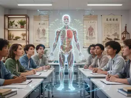 Eine Gruppe junger, diverser Studenten betrachtet eine holografische Projektion von Akupunkturpunkten, umgeben von TCM-Elementen. - Foto: über boerse-global.de