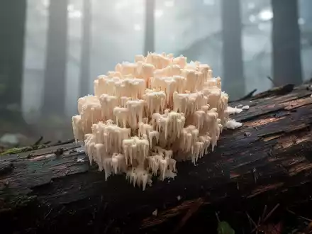 Nahaufnahme eines Hericium erinaceus (Igelstachelbart) Pilzes, der mit seinen charakteristischen weißen Stacheln an einem dunklen Holzstamm wächst. - Foto: über boerse-global.de