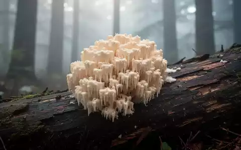 Nahaufnahme eines Hericium erinaceus (Igelstachelbart) Pilzes, der mit seinen charakteristischen weißen Stacheln an einem dunklen Holzstamm wächst. - Foto: über boerse-global.de