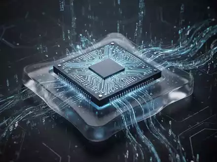 Stilisierter, leuchtender Mikrochip mit komplexen Schaltkreisen, teilweise in transparentem Substrat eingebettet, umgeben von abstrakten digitalen Datenströmen. - Foto: über boerse-global.de
