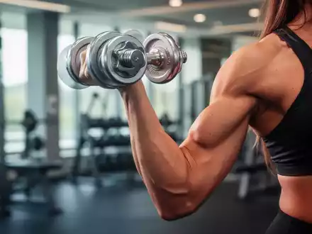 Eine Frau trainiert ihre Oberarme mit einer leichten Kurzhantel in einem modernen Fitnessstudio, Fokus auf Muskeldefinition. - Foto: ĂĽber boerse-global.de